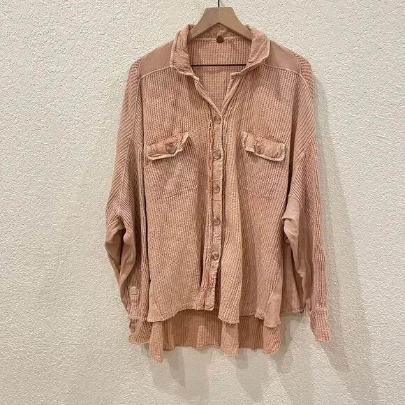 Free People FP One Scout Jacket Small Pink Waffle Thermal Oversized Shacket Boho - Picture 3 of 7